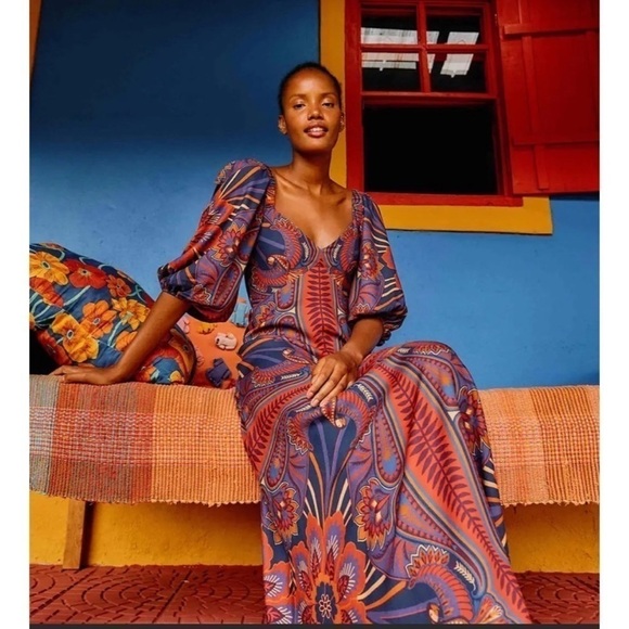 Farm Rio Anthropologie Macaw Arabesque Midi Dress Puffed Sleeves Boho Sz XS